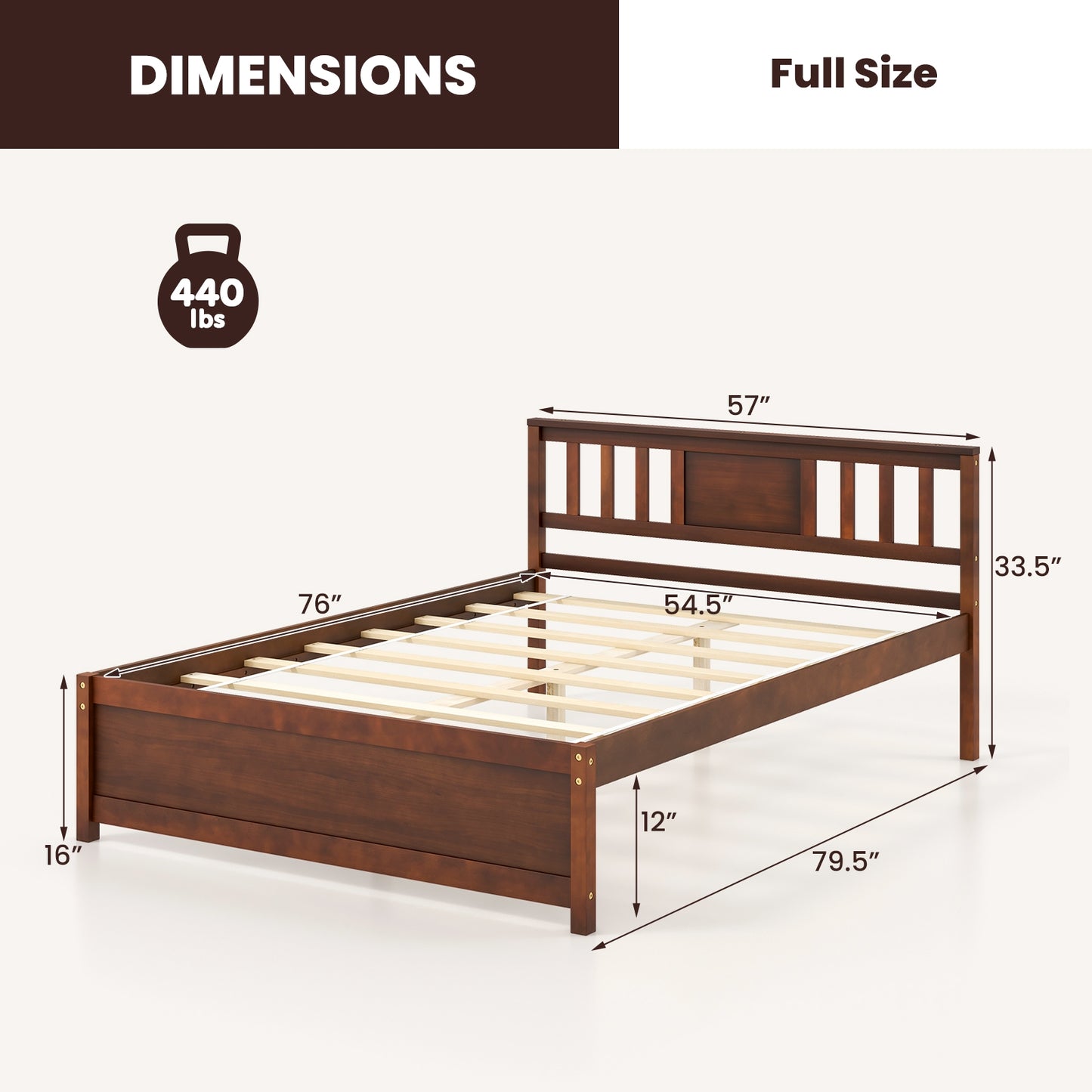 Wooden Platform Bed with Headboard and Wood Slat Support-Full Size, Walnut Simple Bed Frame   at Gallery Canada