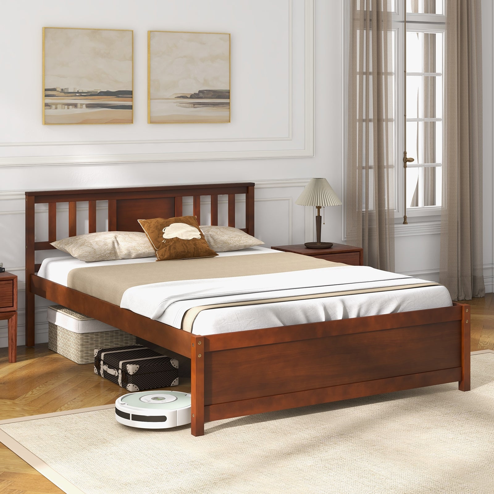 Wooden Platform Bed with Headboard and Wood Slat Support-Full Size, Walnut Simple Bed Frame   at Gallery Canada