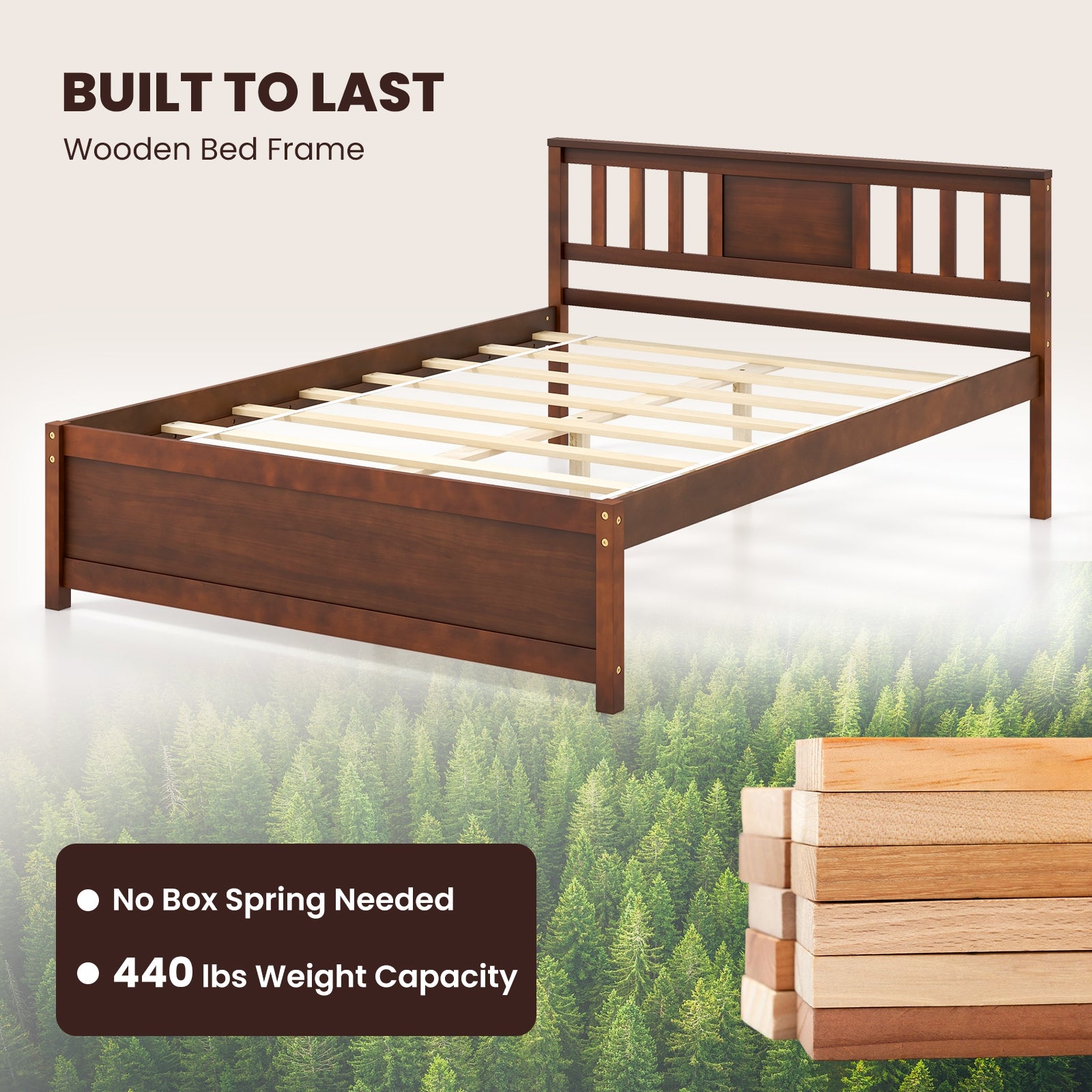 Wooden Platform Bed with Headboard and Wood Slat Support-Full Size, Walnut Simple Bed Frame   at Gallery Canada