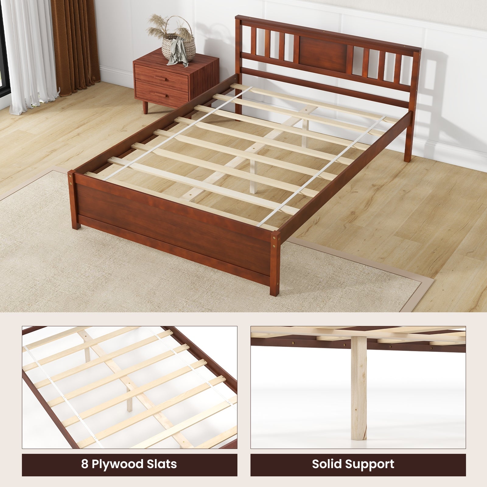 Wooden Platform Bed with Headboard and Wood Slat Support-Full Size, Walnut Simple Bed Frame   at Gallery Canada