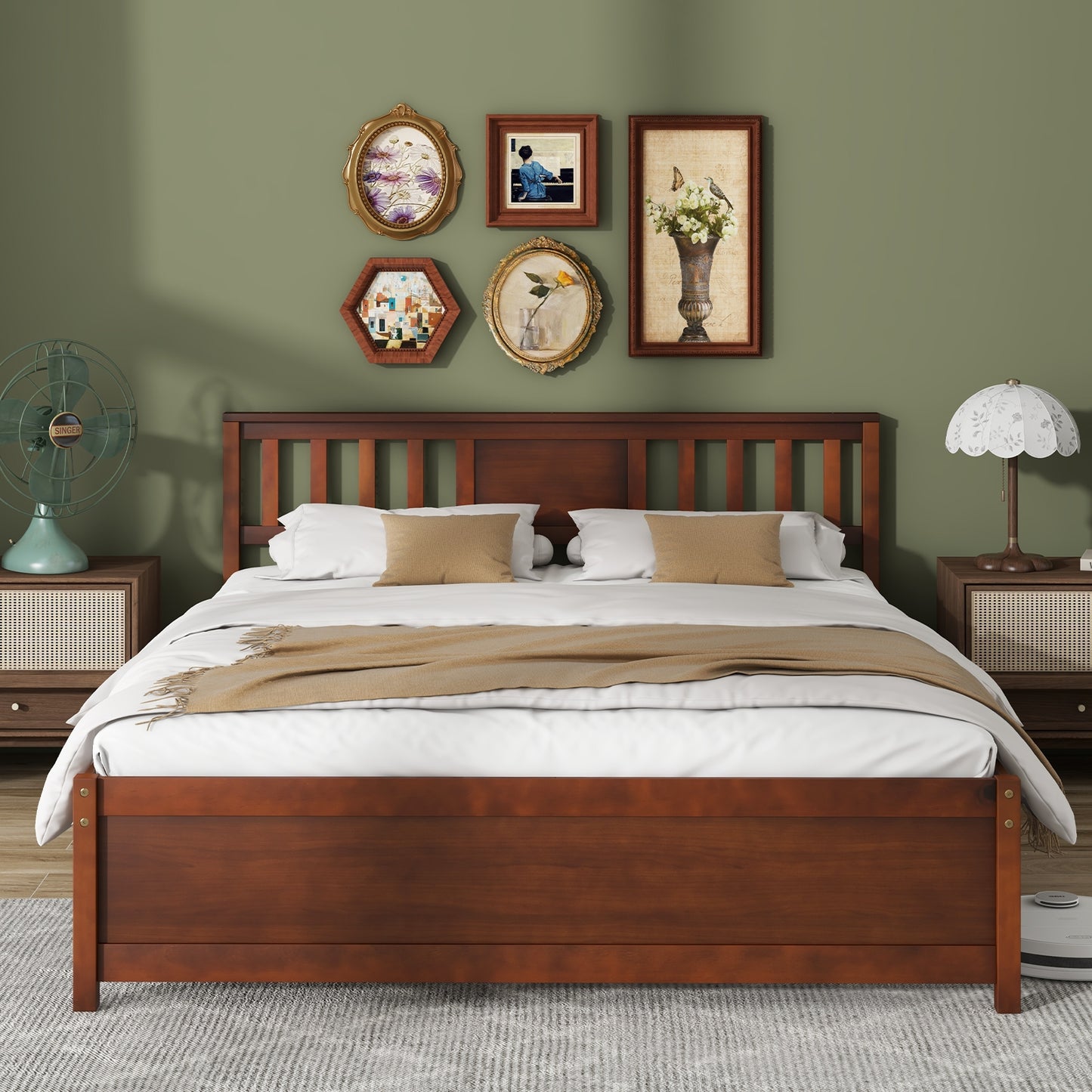 Wooden Platform Bed with Headboard and Slat Support-Queen Size, Walnut Simple Bed Frame   at Gallery Canada