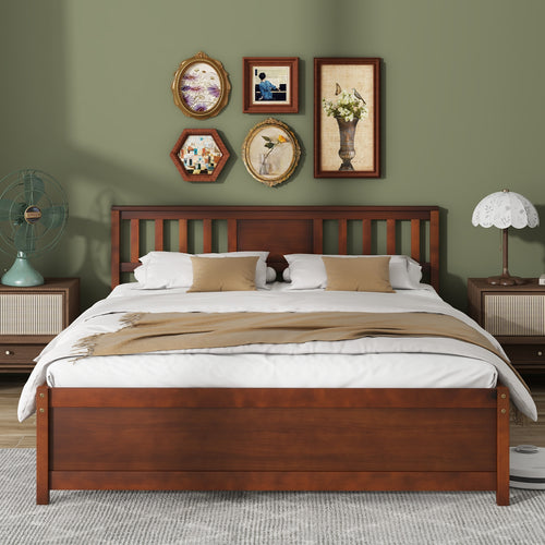 Wooden Platform Bed with Headboard and Slat Support-Queen Size, Walnut