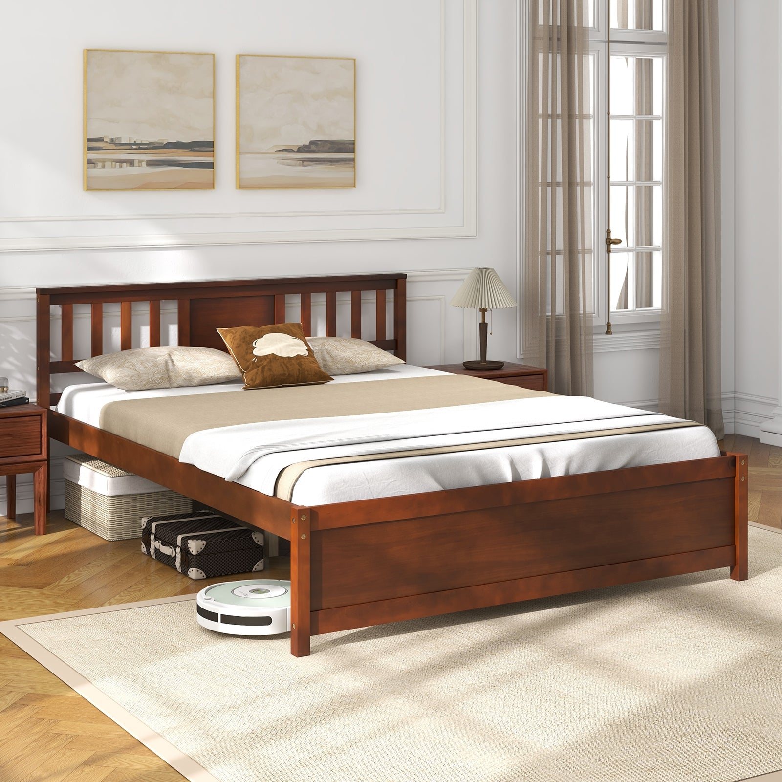 Wooden Platform Bed with Headboard and Slat Support-Queen Size, Walnut Simple Bed Frame   at Gallery Canada