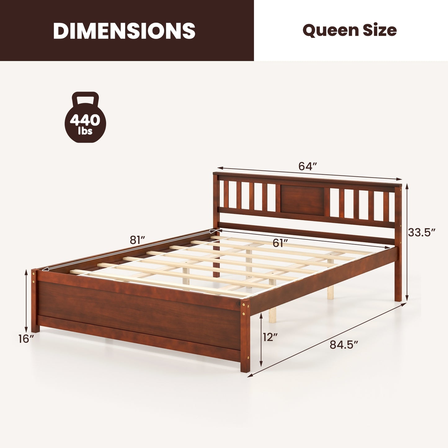 Wooden Platform Bed with Headboard and Slat Support-Queen Size, Walnut Simple Bed Frame   at Gallery Canada