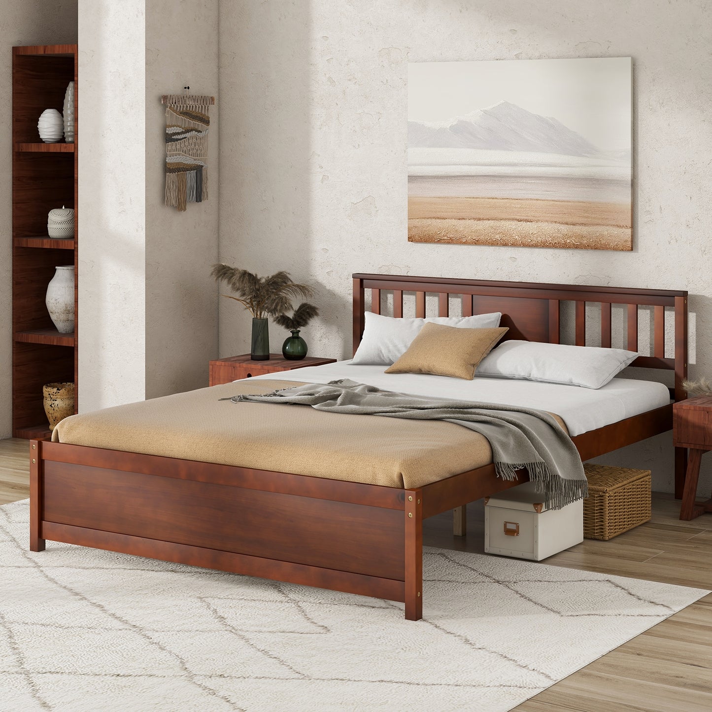 Wooden Platform Bed with Headboard and Slat Support-Queen Size, Walnut Simple Bed Frame   at Gallery Canada