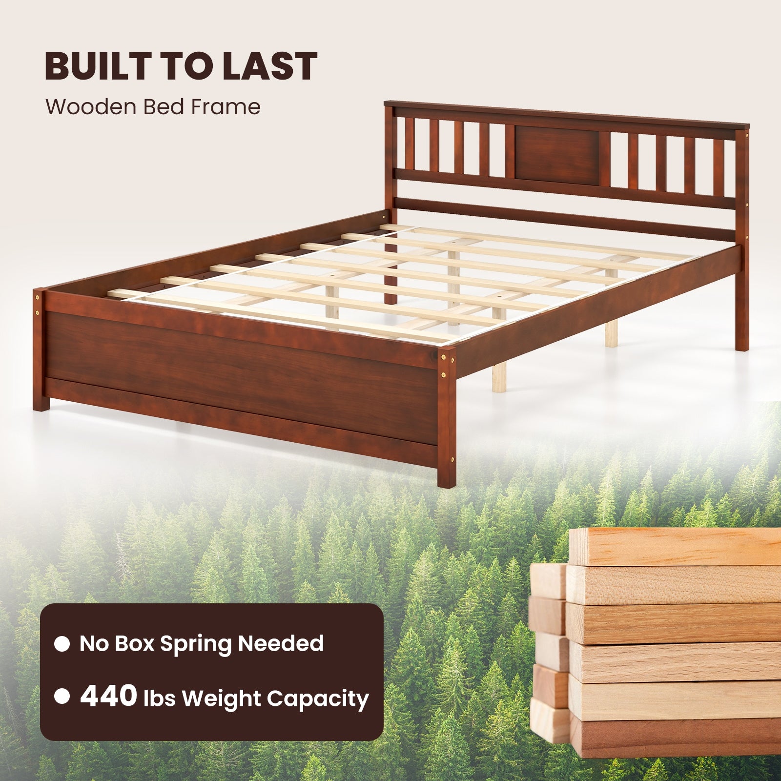 Wooden Platform Bed with Headboard and Slat Support-Queen Size, Walnut Simple Bed Frame   at Gallery Canada