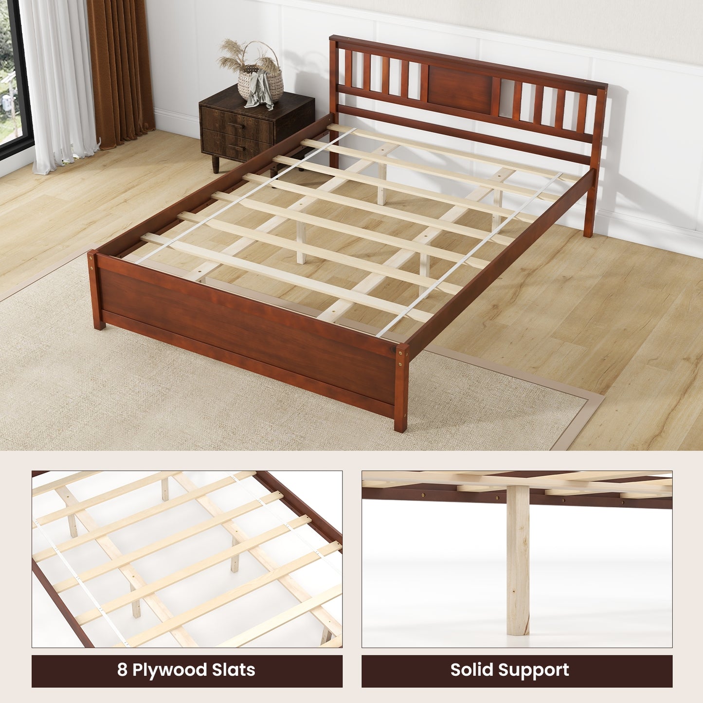 Wooden Platform Bed with Headboard and Slat Support-Queen Size, Walnut Simple Bed Frame   at Gallery Canada