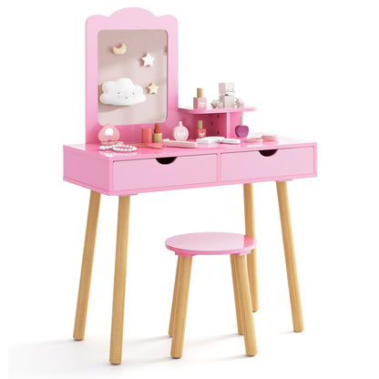 Kid Vanity Table Chair Set with Mirror and 2 Large Storage Drawers, Pink Kids Vanities Pink  at Gallery Canada