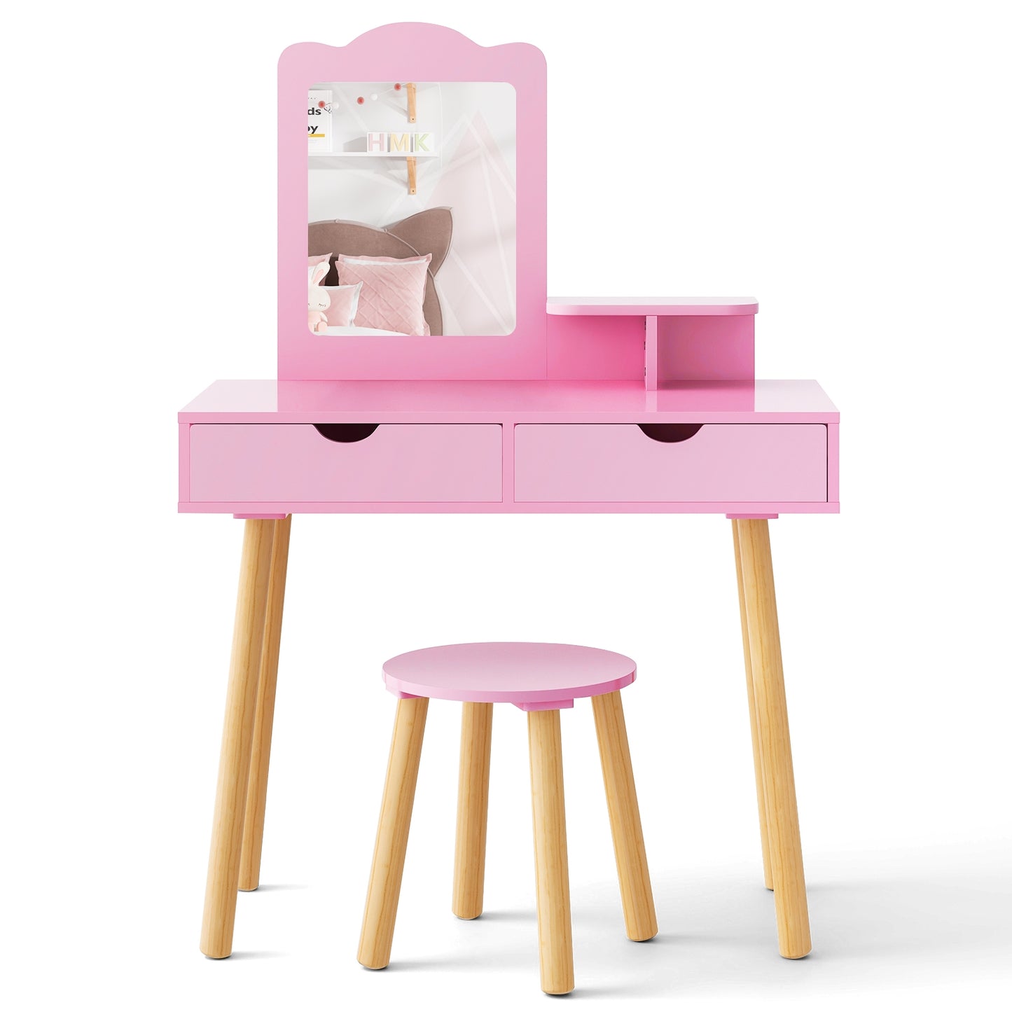 Kid Vanity Table Chair Set with Mirror and 2 Large Storage Drawers, Pink Kids Vanities   at Gallery Canada