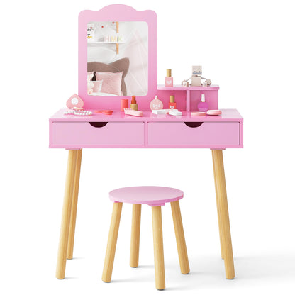 Kid Vanity Table Chair Set with Mirror and 2 Large Storage Drawers, Pink Kids Vanities   at Gallery Canada