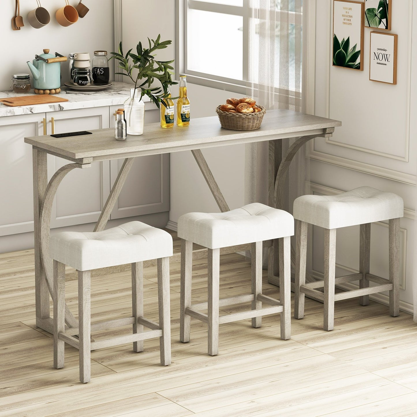 4-Piece Bar Table Set with Power Outlet and Upholstered Saddle Seat Stools-Grey and Beige, Beige & Gray Dining Room Sets   at Gallery Canada