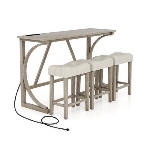 4-Piece Bar Table Set with Power Outlet and Upholstered Saddle Seat Stools-Grey and Beige, Beige & Gray