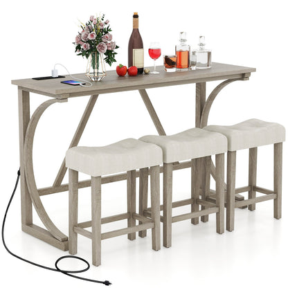 4-Piece Bar Table Set with Power Outlet and Upholstered Saddle Seat Stools-Grey and Beige, Beige & Gray Dining Room Sets   at Gallery Canada