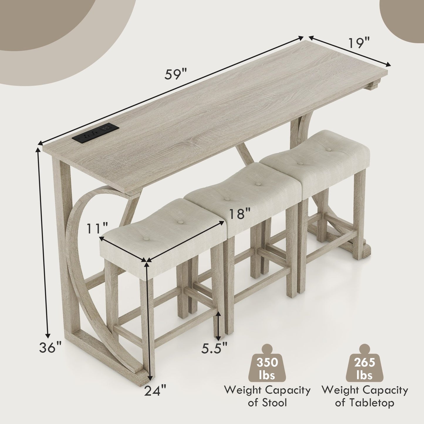 4-Piece Bar Table Set with Power Outlet and Upholstered Saddle Seat Stools-Grey and Beige, Beige & Gray Dining Room Sets   at Gallery Canada