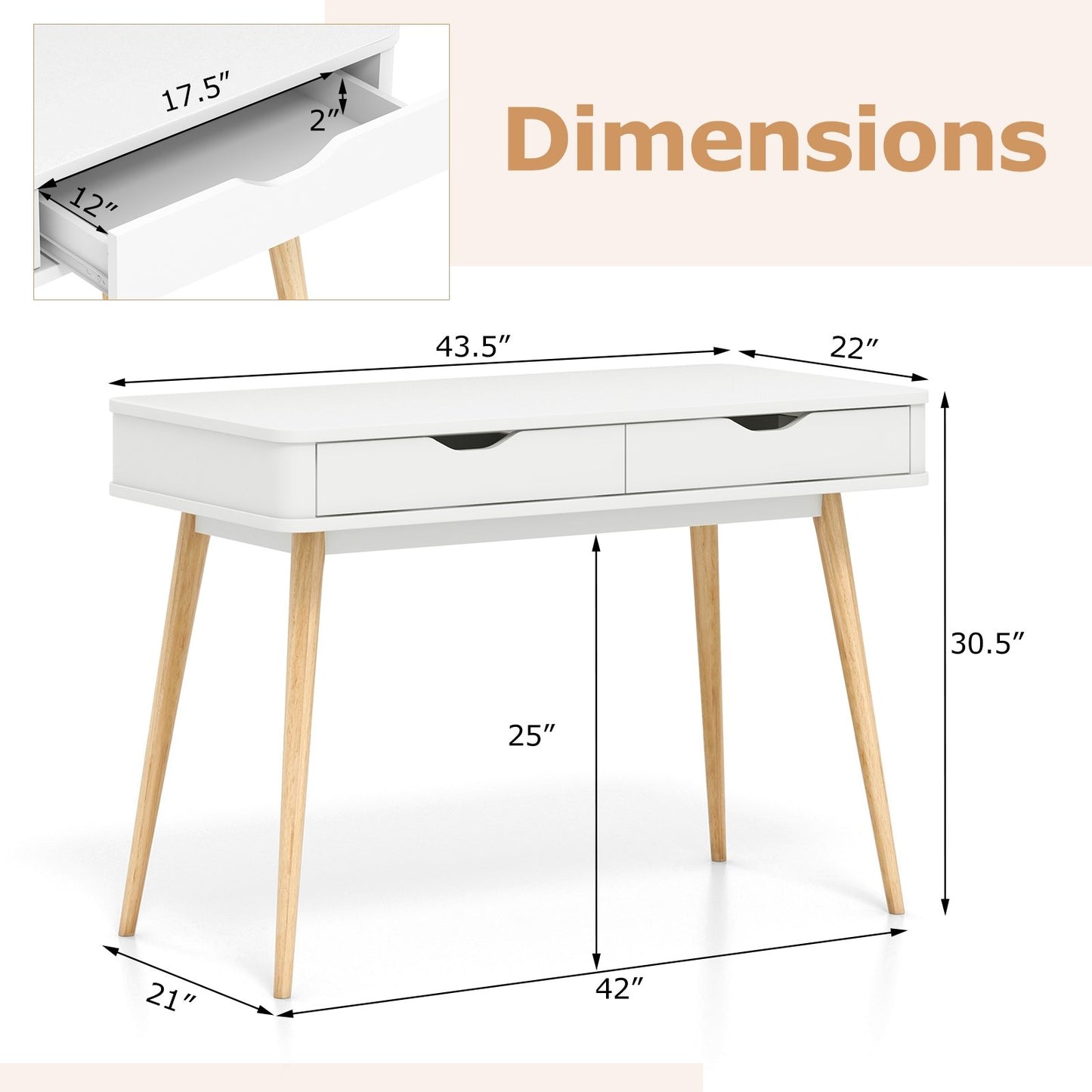 43.5 Inch Computer Desk with 2 Drawers for Small Spaces, White Computer Desks   at Gallery Canada