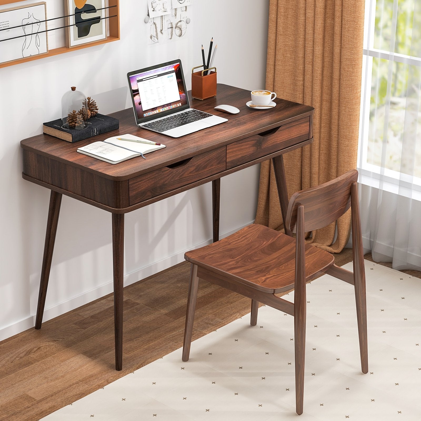43.5 Inch Computer Desk with 2 Drawers for Small Spaces, Walnut Computer Desks Walnut at Gallery Canada