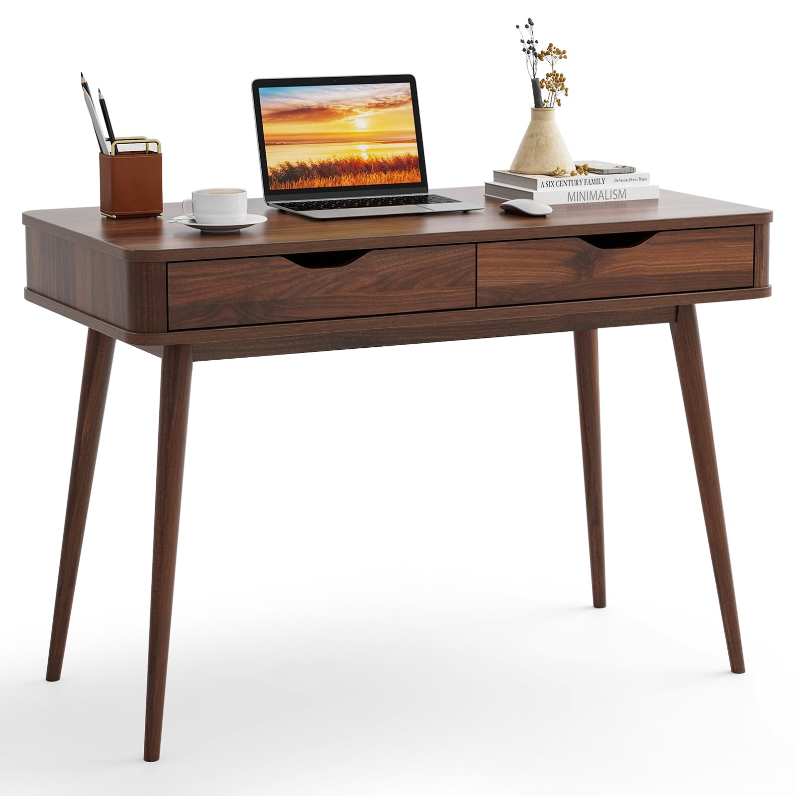 43.5 Inch Computer Desk with 2 Drawers for Small Spaces, Walnut Computer Desks at Gallery Canada