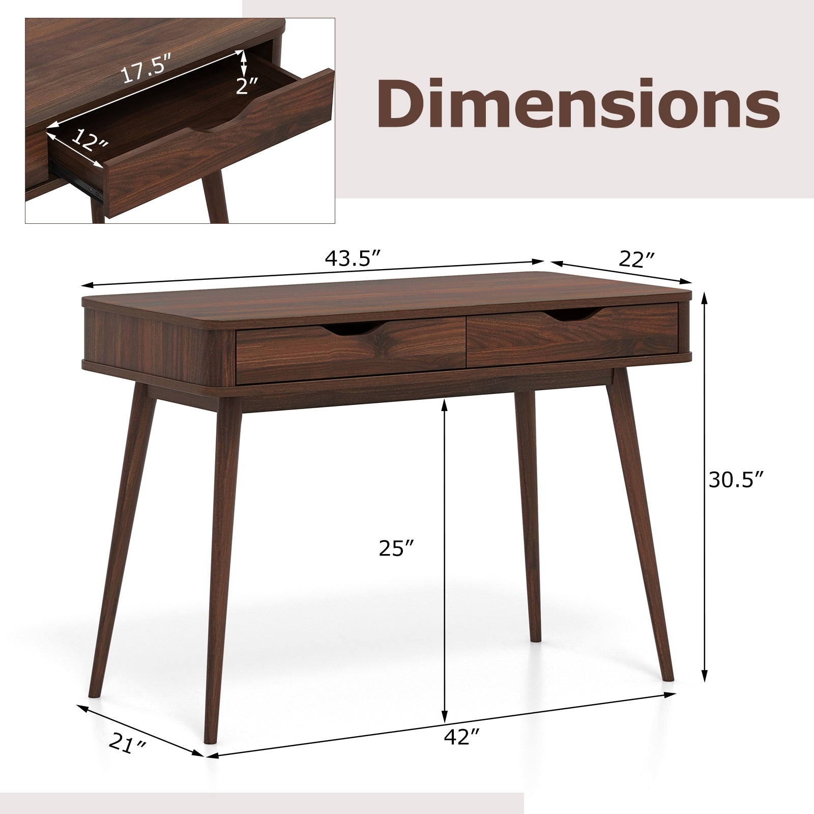 43.5 Inch Computer Desk with 2 Drawers for Small Spaces, Walnut Computer Desks at Gallery Canada