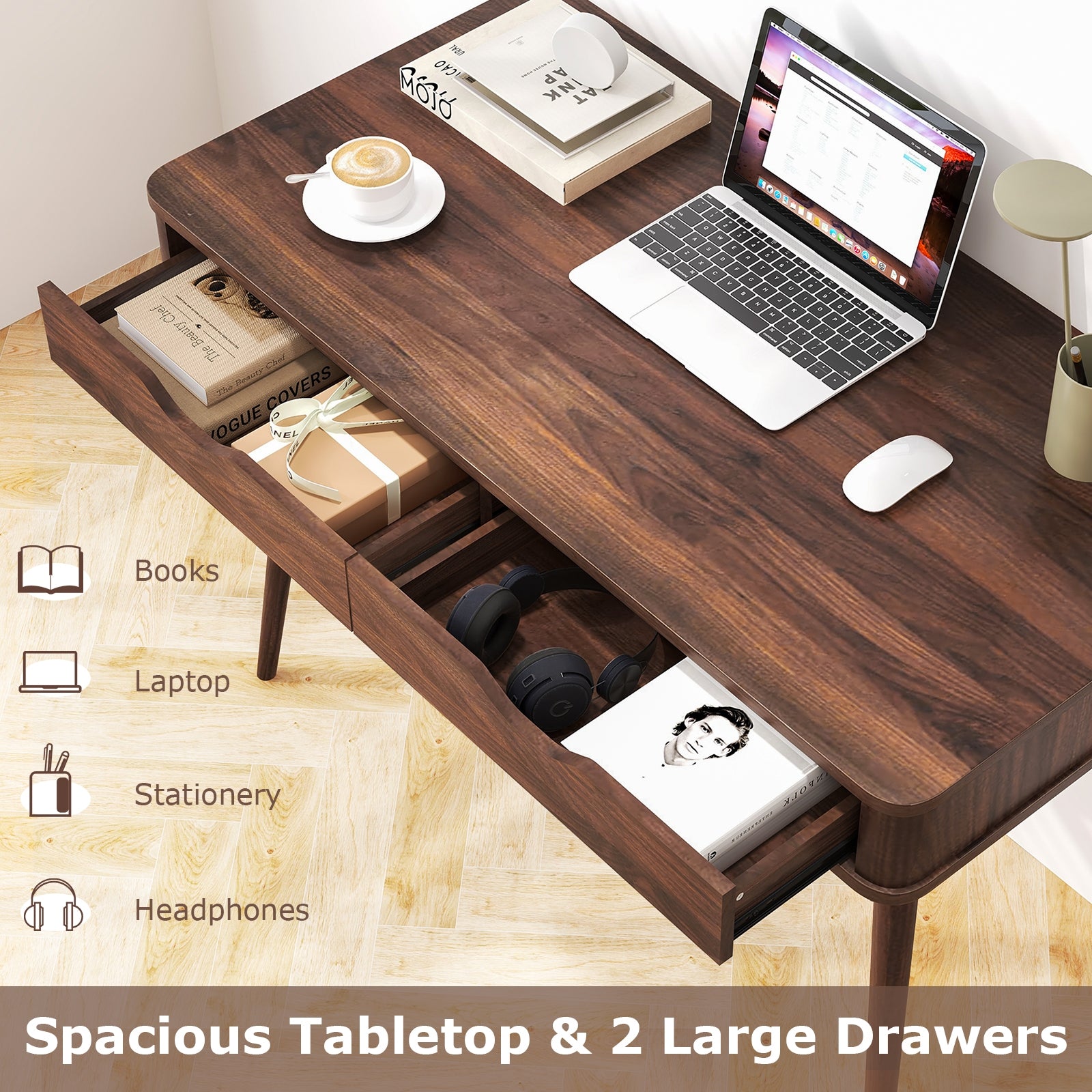 43.5 Inch Computer Desk with 2 Drawers for Small Spaces, Walnut Computer Desks at Gallery Canada