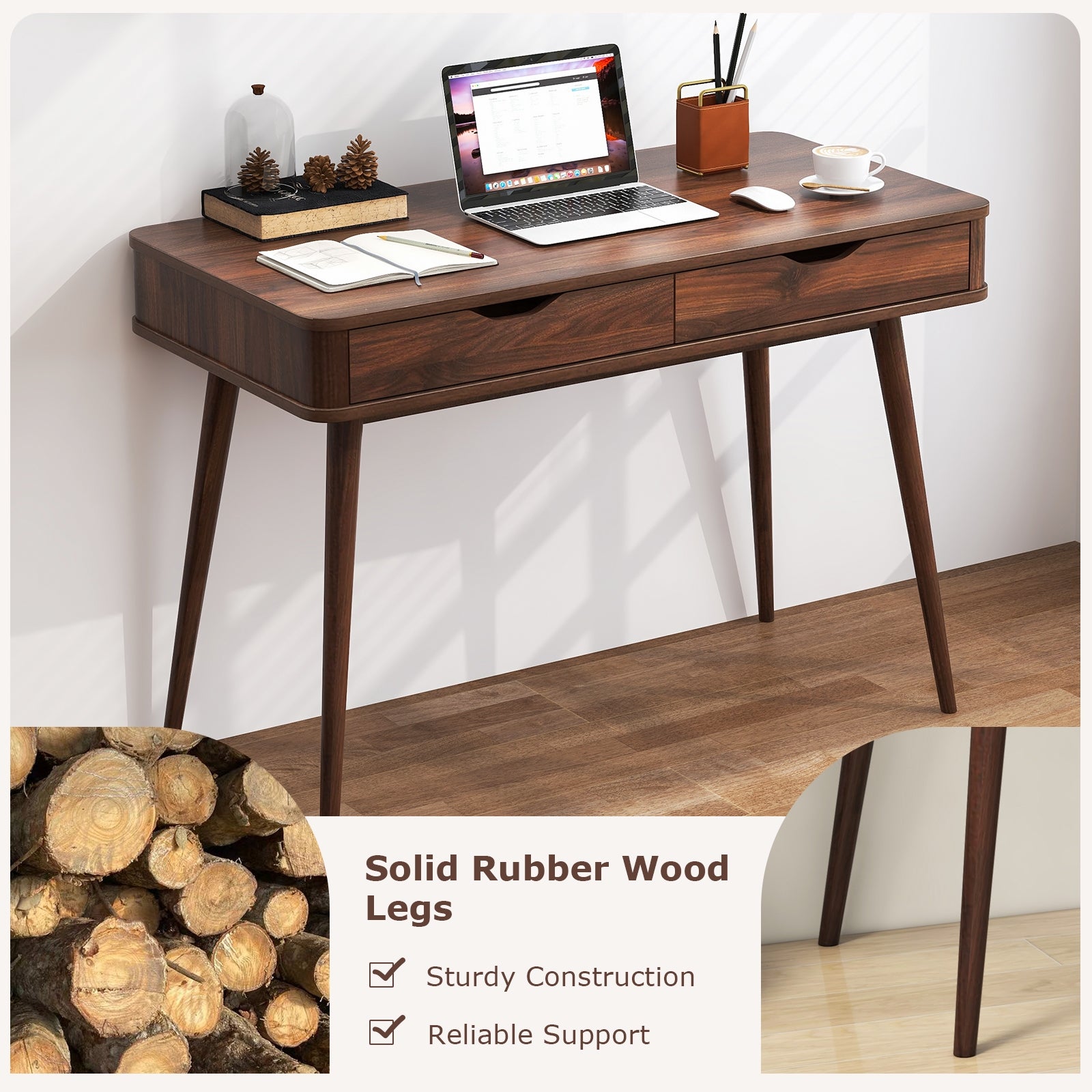 43.5 Inch Computer Desk with 2 Drawers for Small Spaces, Walnut Computer Desks at Gallery Canada