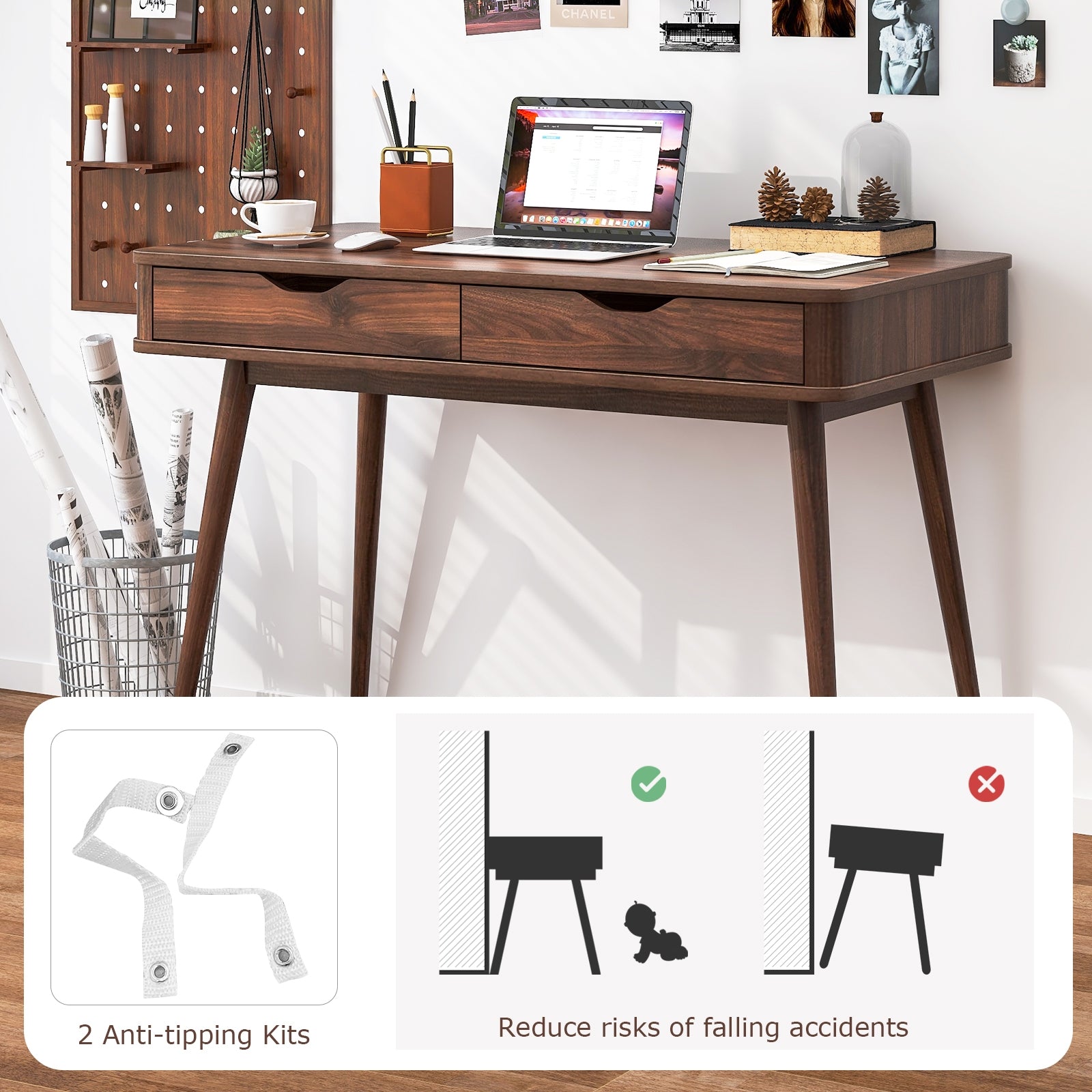 43.5 Inch Computer Desk with 2 Drawers for Small Spaces, Walnut Computer Desks at Gallery Canada