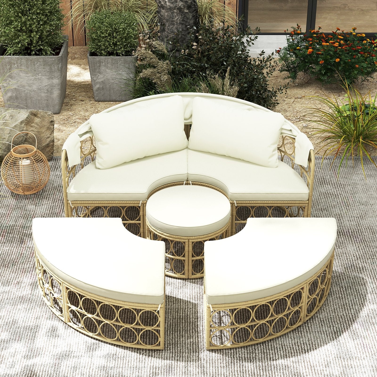 Outdoor Patio Round Daybed with Retractable Canopy and Soft Cushions, White Outdoor Sectionals   at Gallery Canada