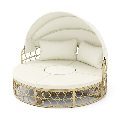 Outdoor Patio Round Daybed with Retractable Canopy and Soft Cushions, White