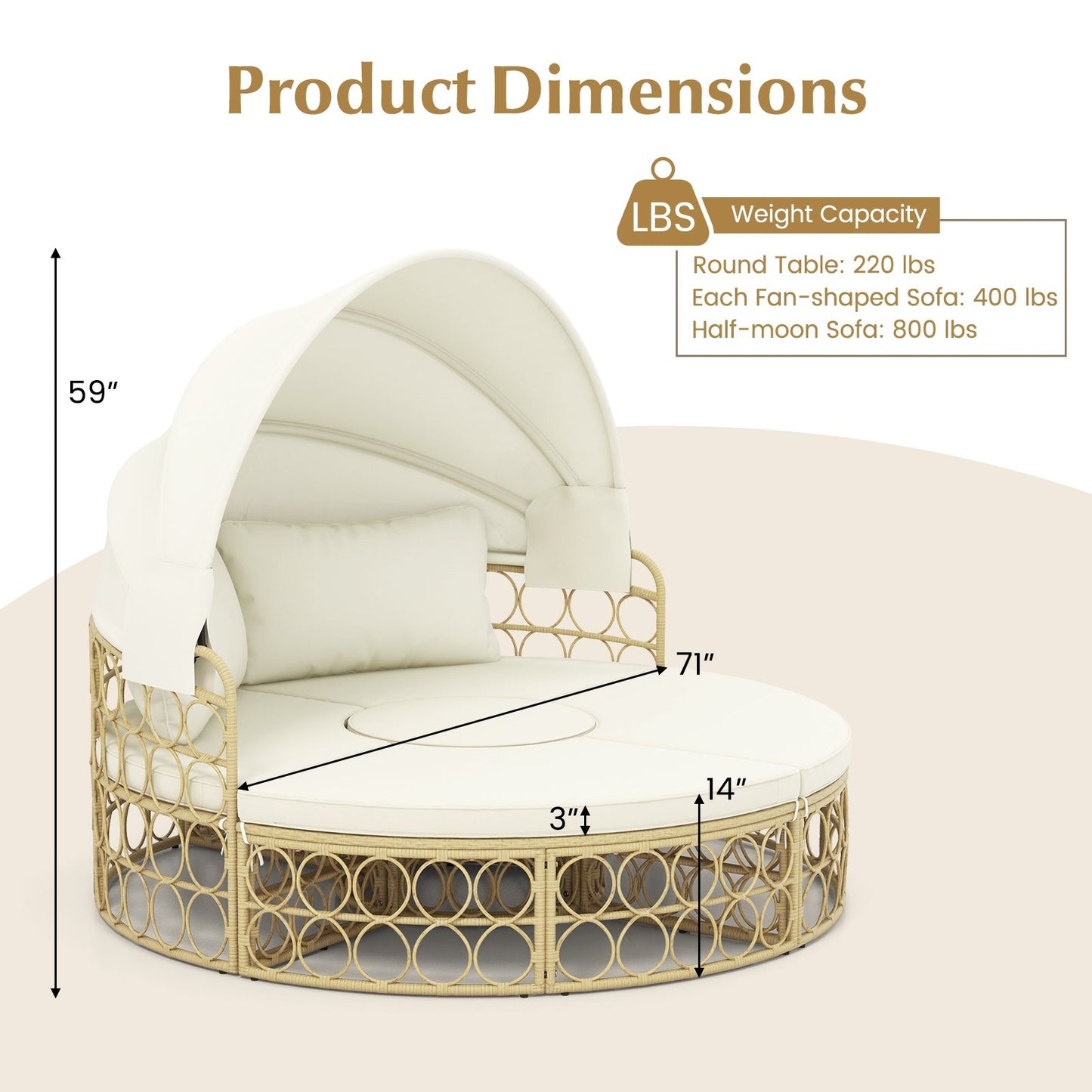 Outdoor Patio Round Daybed with Retractable Canopy and Soft Cushions, White Outdoor Sectionals   at Gallery Canada