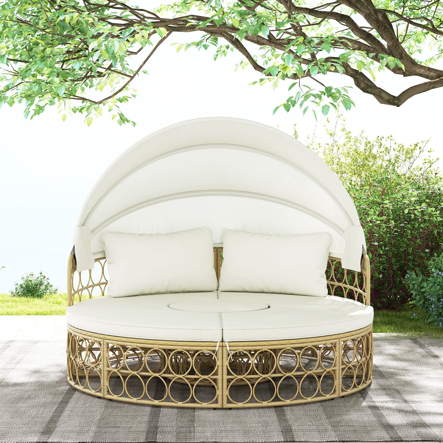 Outdoor Patio Round Daybed with Retractable Canopy and Soft Cushions, White Outdoor Sectionals   at Gallery Canada