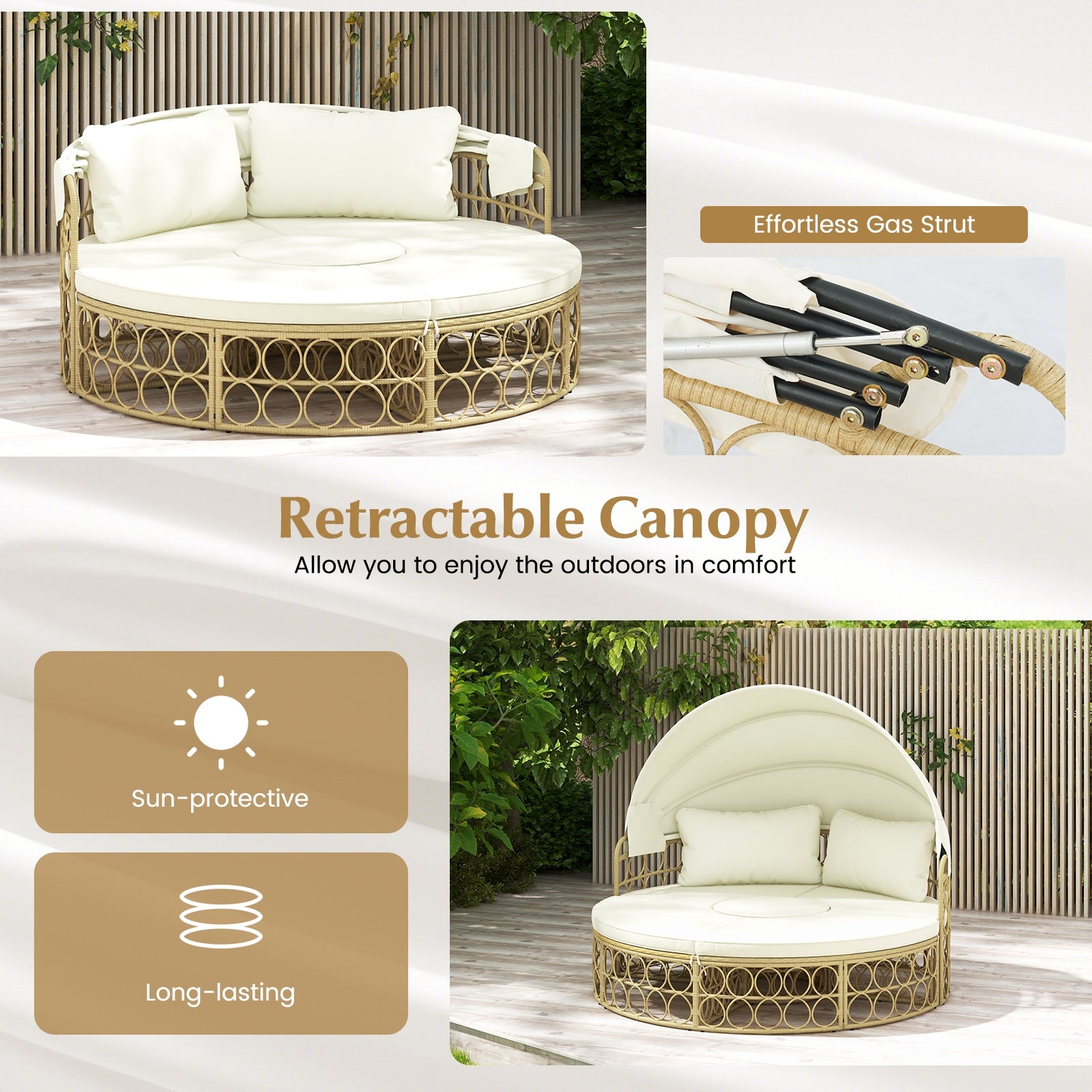 Outdoor Patio Round Daybed with Retractable Canopy and Soft Cushions, White Outdoor Sectionals   at Gallery Canada