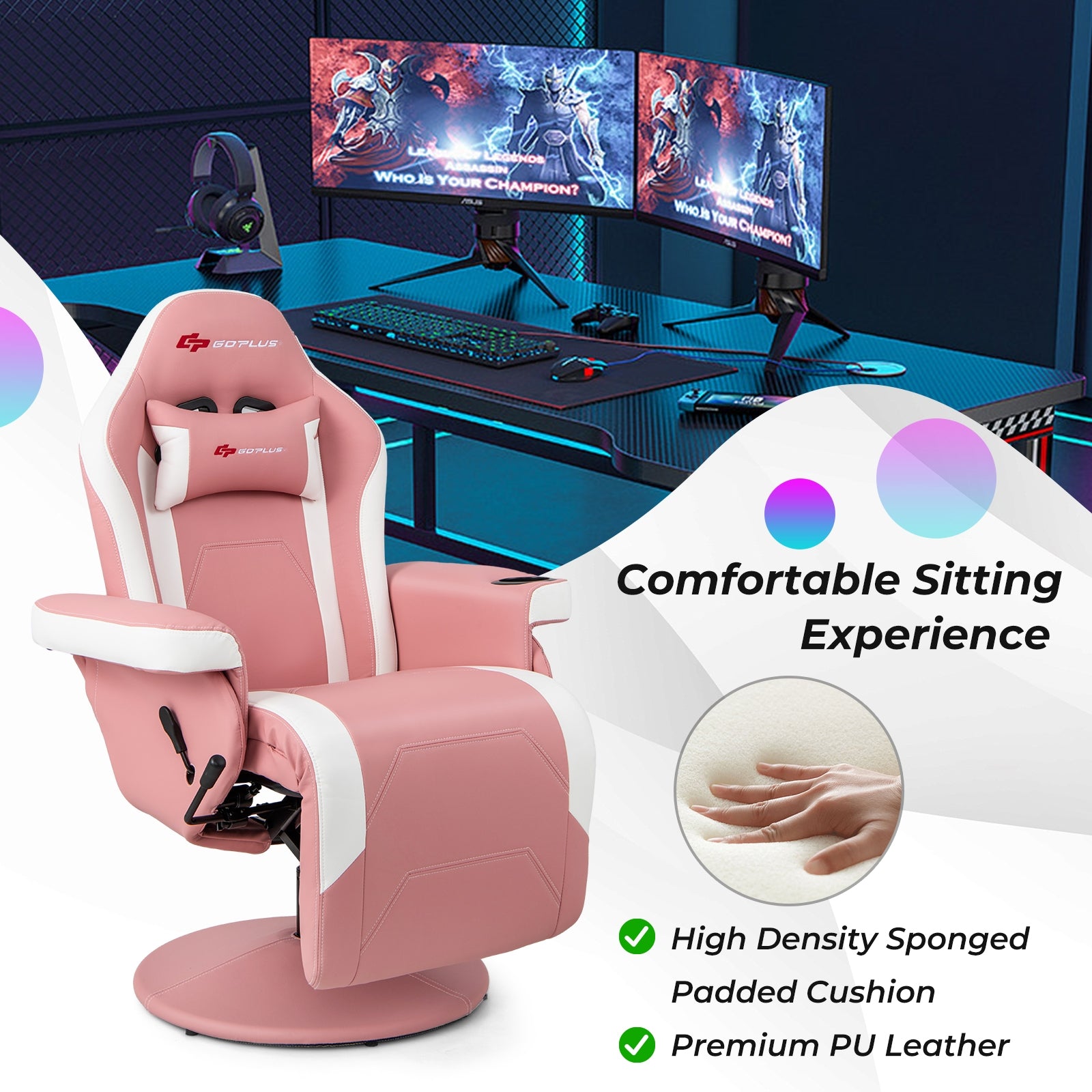 Massage Video Gaming Recliner Chair with Adjustable Height, Pink Gaming Chairs   at Gallery Canada