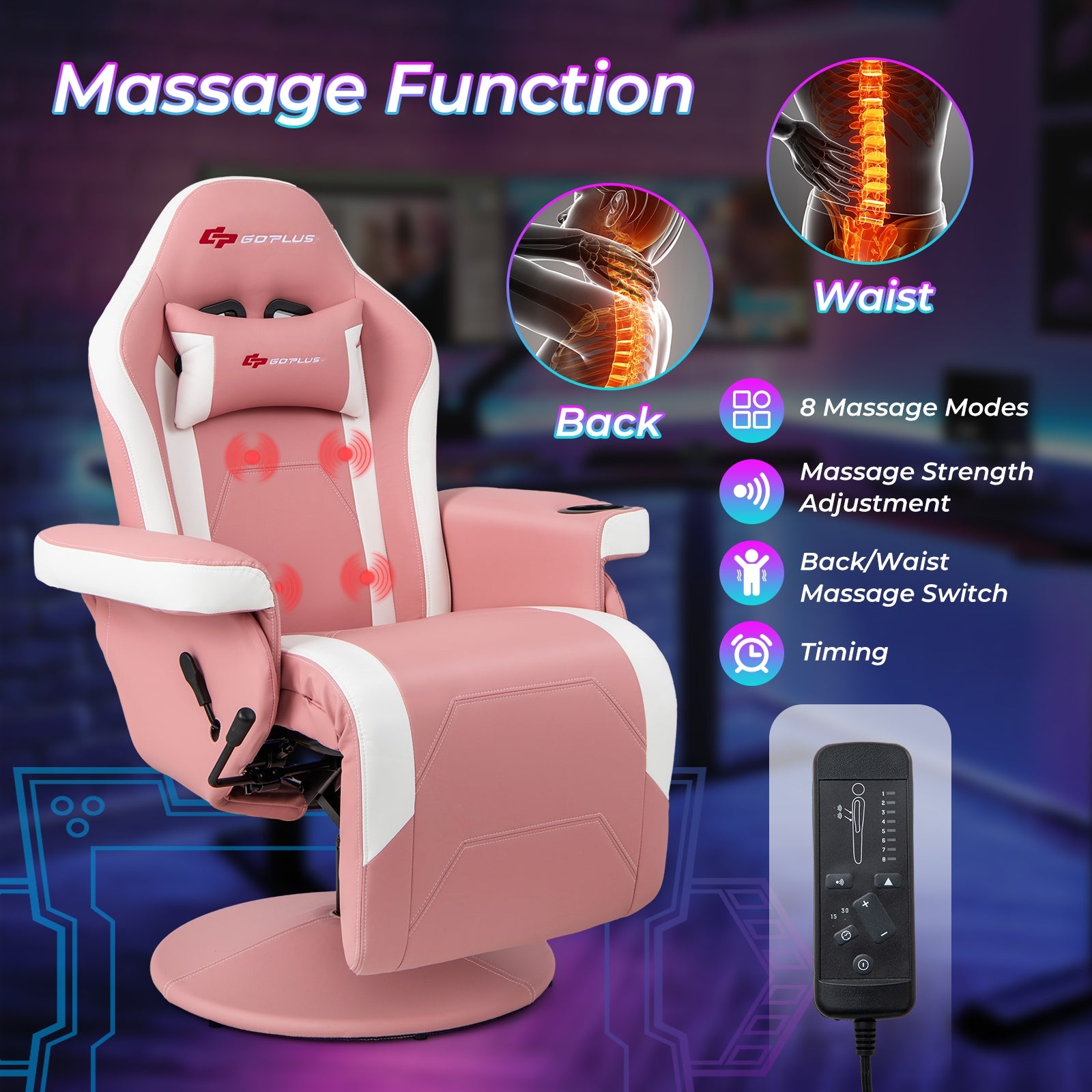 Massage Video Gaming Recliner Chair with Adjustable Height, Pink Gaming Chairs   at Gallery Canada