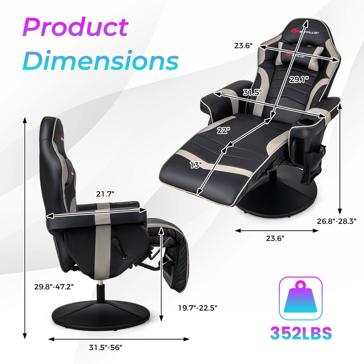 Massage Video Gaming Recliner Chair with Adjustable Height, Gray Gaming Chairs   at Gallery Canada