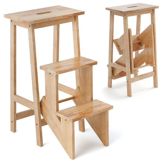 3-in-1 Rubber Wood 3 Tier Folding Step Stool Ladder Storage Shelf, Natural Kitchen Utensils Natural  at Gallery Canada