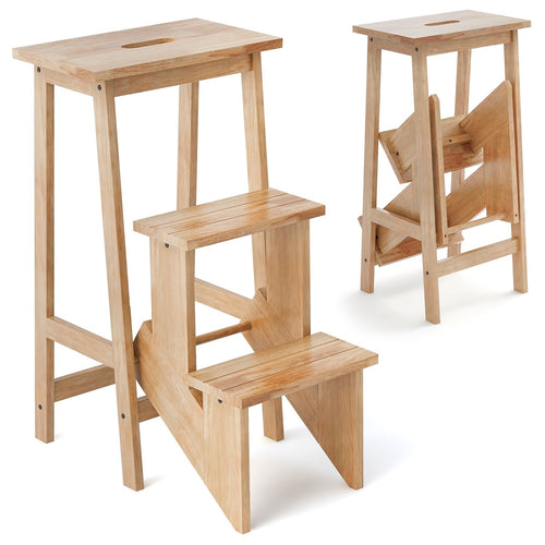 3-in-1 Rubber Wood 3 Tier Folding Step Stool Ladder Storage Shelf, Natural