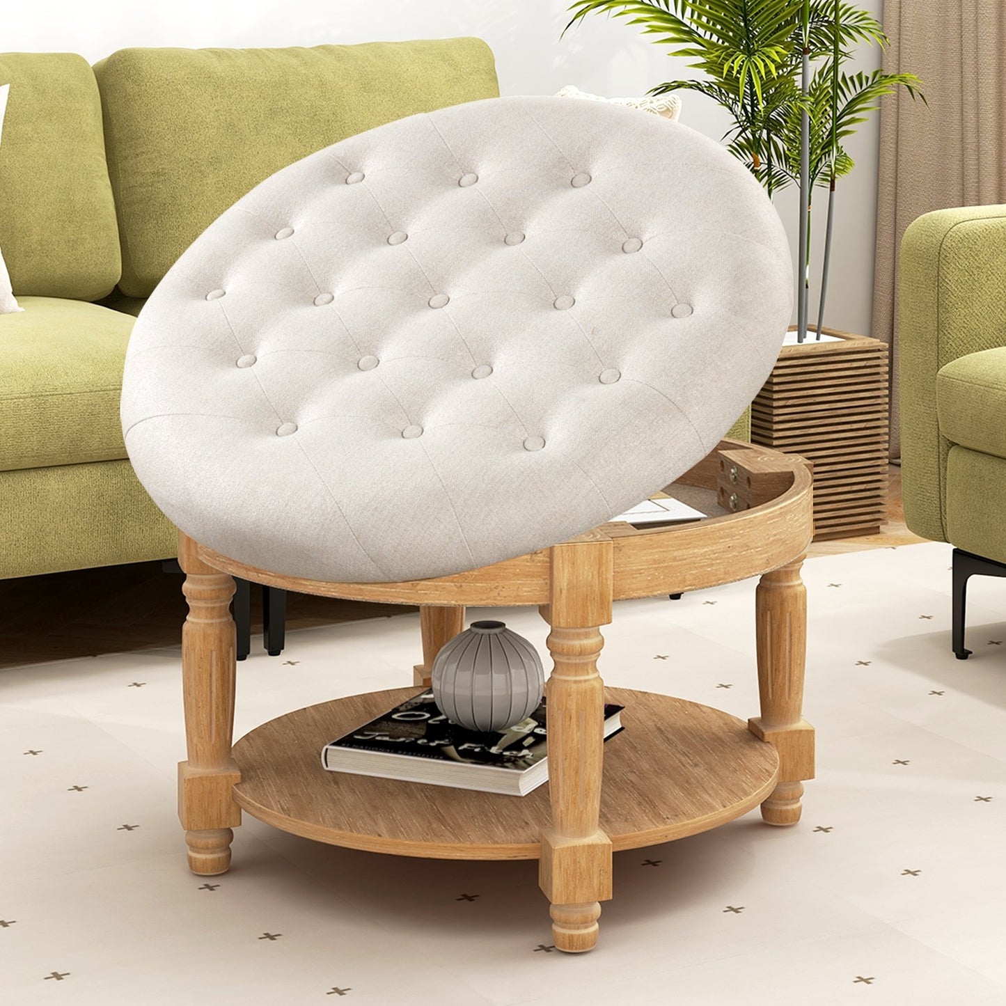 29 Inch Large Round Ottoman Coffee Table 2-Tier Upholstered Tufted Footrest Ottoman with Flip-up Top, Beige Ottomans   at Gallery Canada