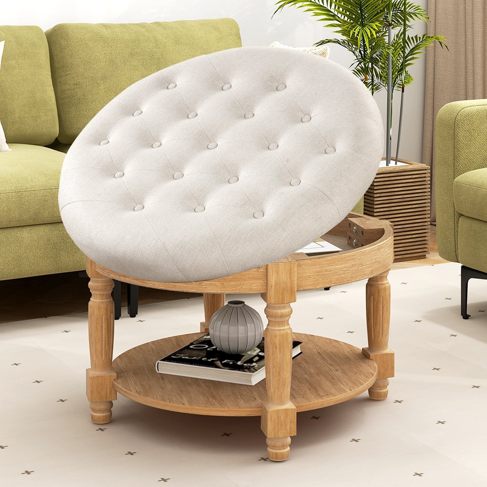 29 Inch Large Round Ottoman Coffee Table 2-Tier Upholstered Tufted Footrest Ottoman with Flip-up Top, Beige Ottomans   at Gallery Canada