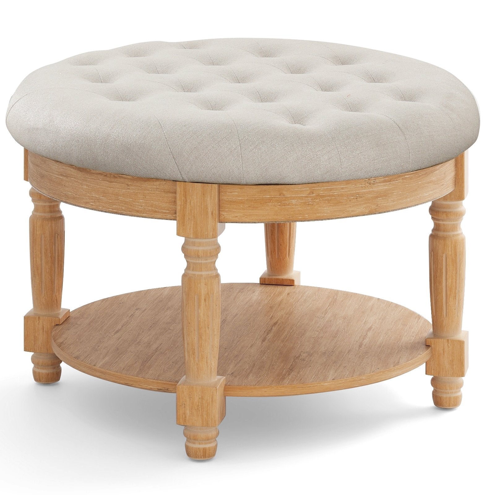 29 Inch Large Round Ottoman Coffee Table 2-Tier Upholstered Tufted Footrest Ottoman with Flip-up Top, Beige Ottomans Beige  at Gallery Canada