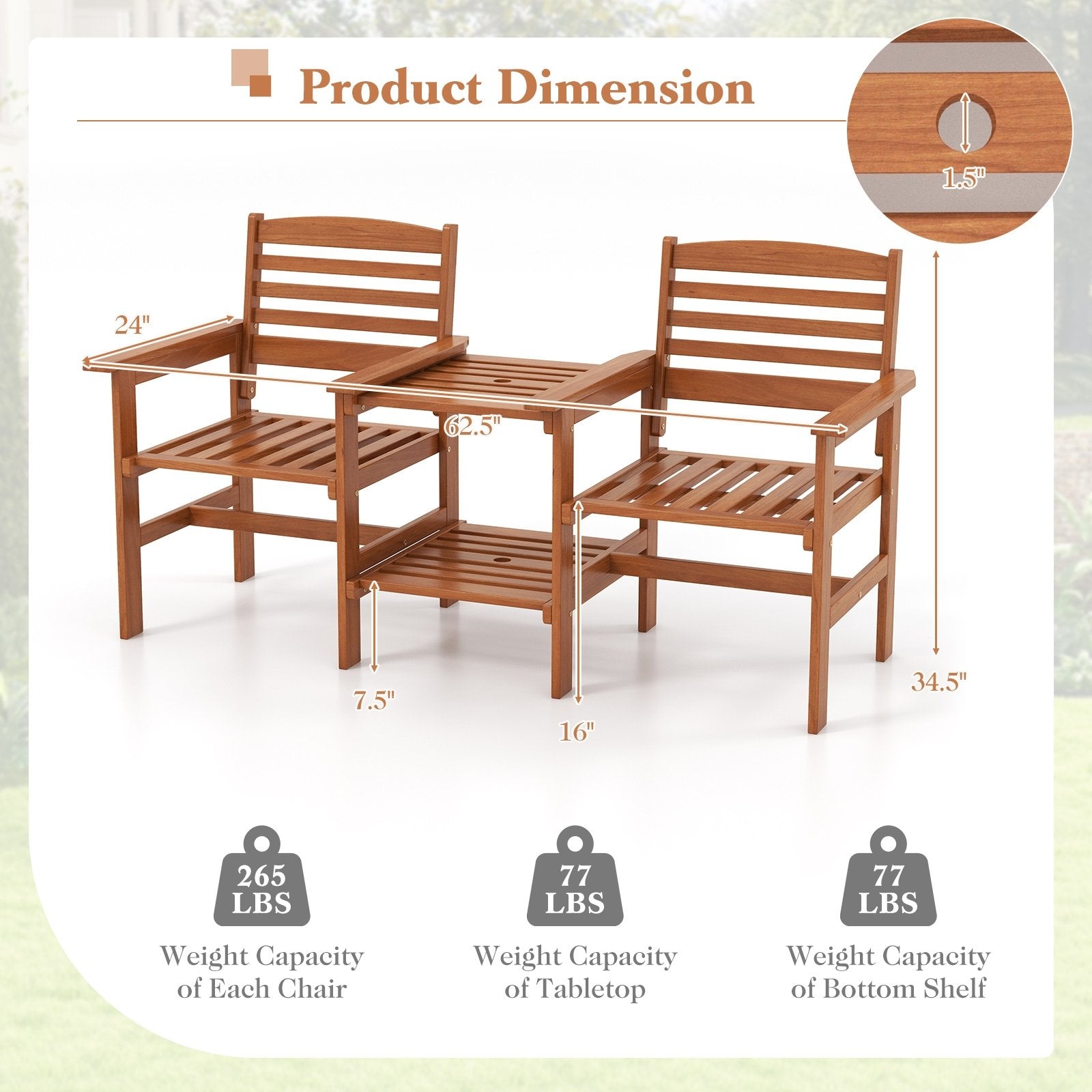 Outdoor Patio Wood 2-Seat Conversation Set with Coffee Table and Umbrella Hole, Natural Patio Conversation Sets   at Gallery Canada