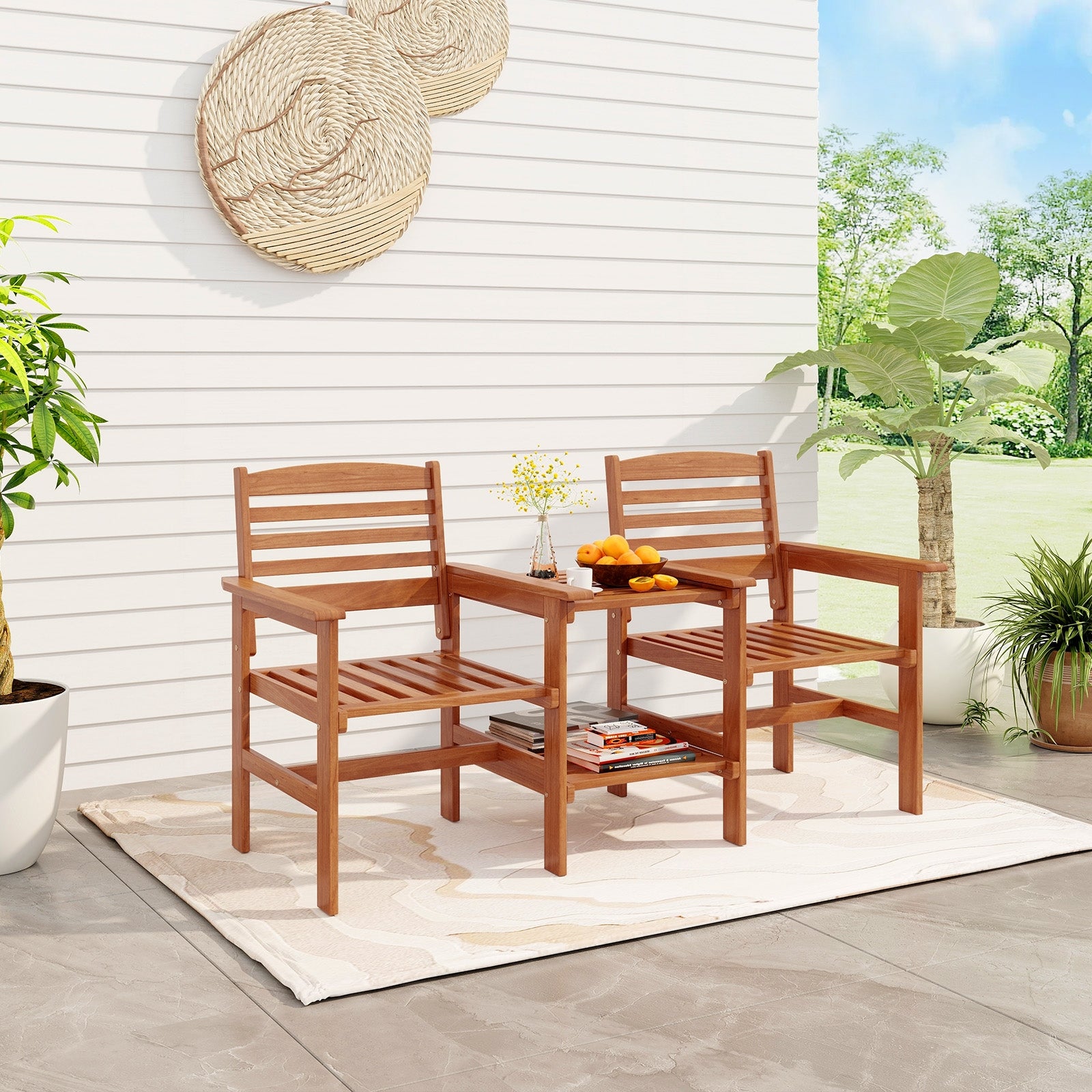 Outdoor Patio Wood 2-Seat Conversation Set with Coffee Table and Umbrella Hole, Natural Patio Conversation Sets   at Gallery Canada