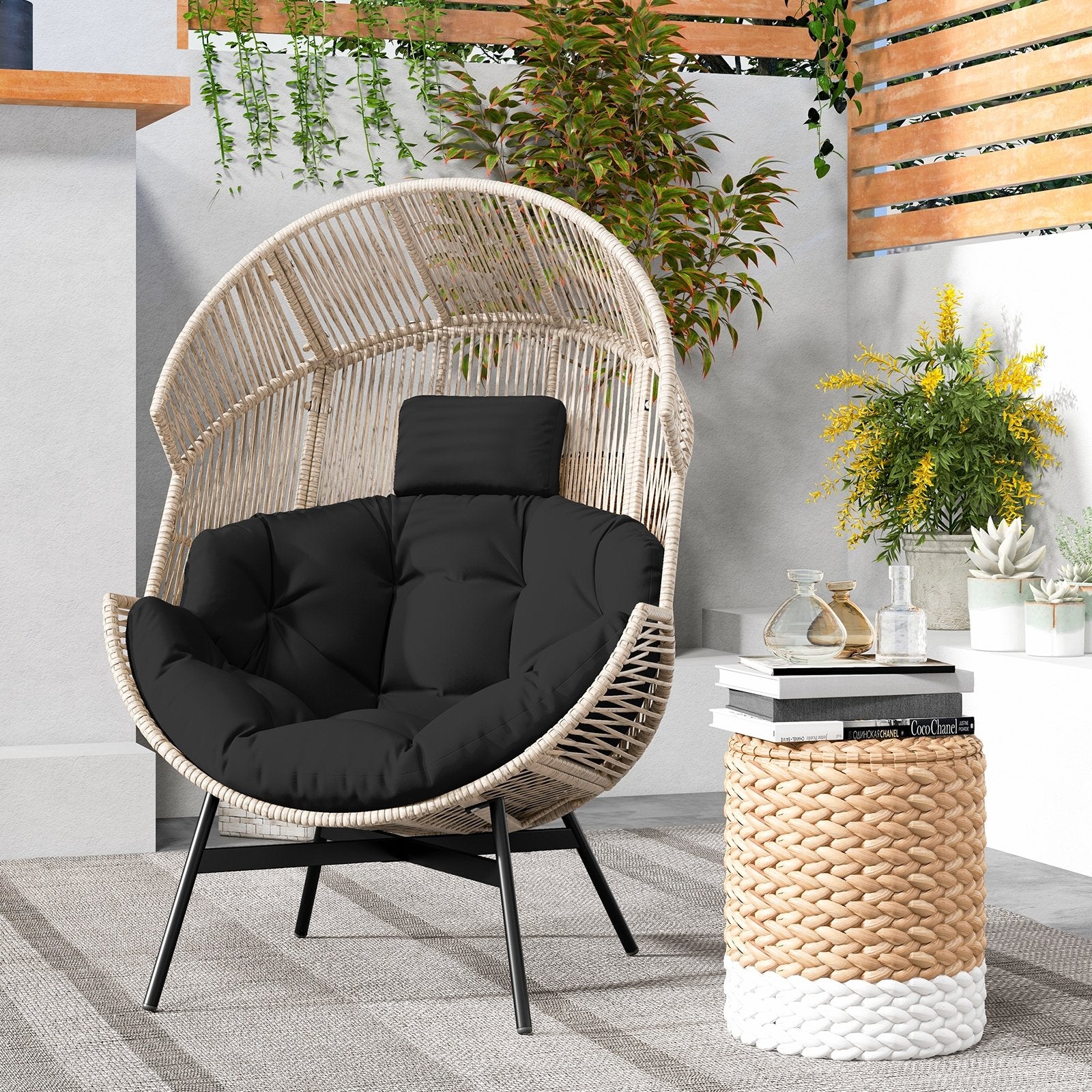 Wicker Oversized Egg Style Chair with Cushions and Headrest, Black Outdoor Chaise Lounges   at Gallery Canada