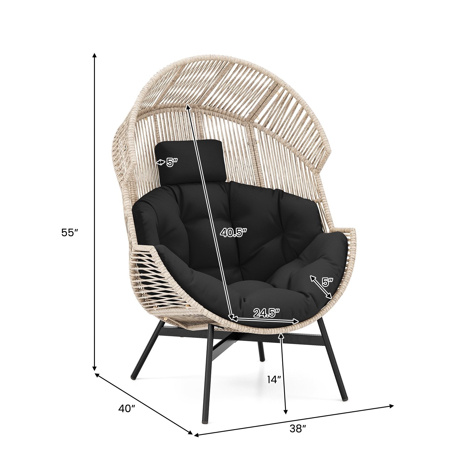 Wicker Oversized Egg Style Chair with Cushions and Headrest, Black Outdoor Chaise Lounges   at Gallery Canada