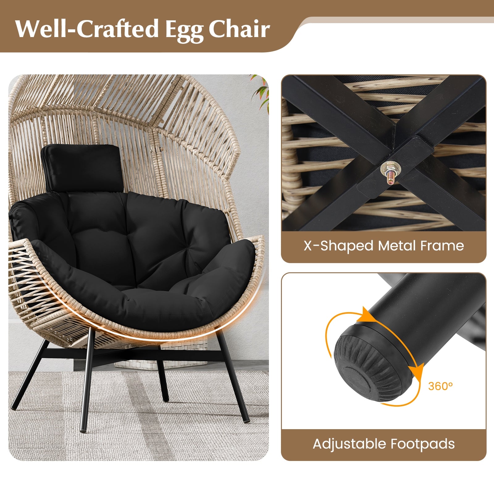 Wicker Oversized Egg Style Chair with Cushions and Headrest, Black Outdoor Chaise Lounges   at Gallery Canada