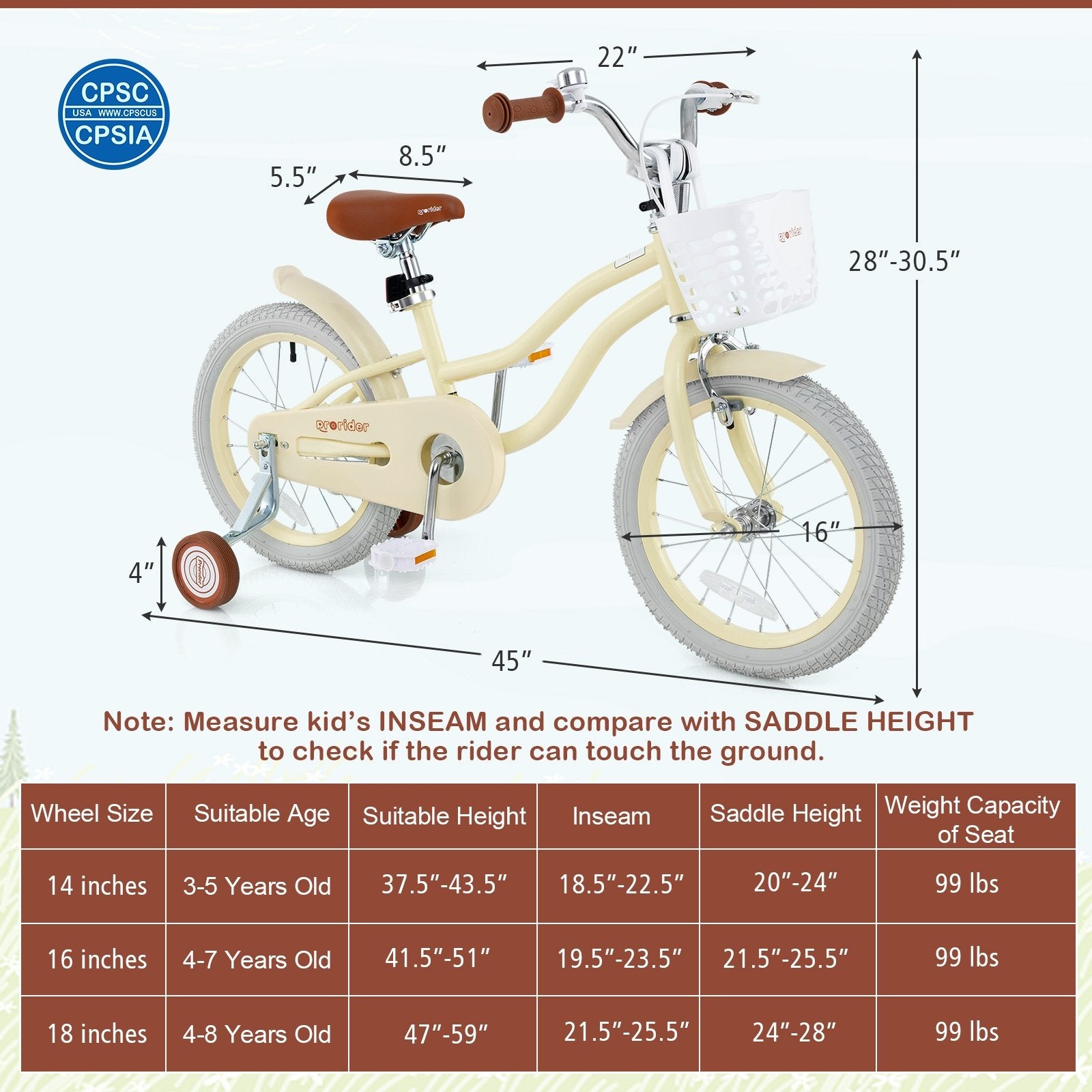 14/16/18 Inch Kids Bike Adjustable with Training Wheels Ages 3-8 Years Olds-16 inches, Beige Kids Bike   at Gallery Canada