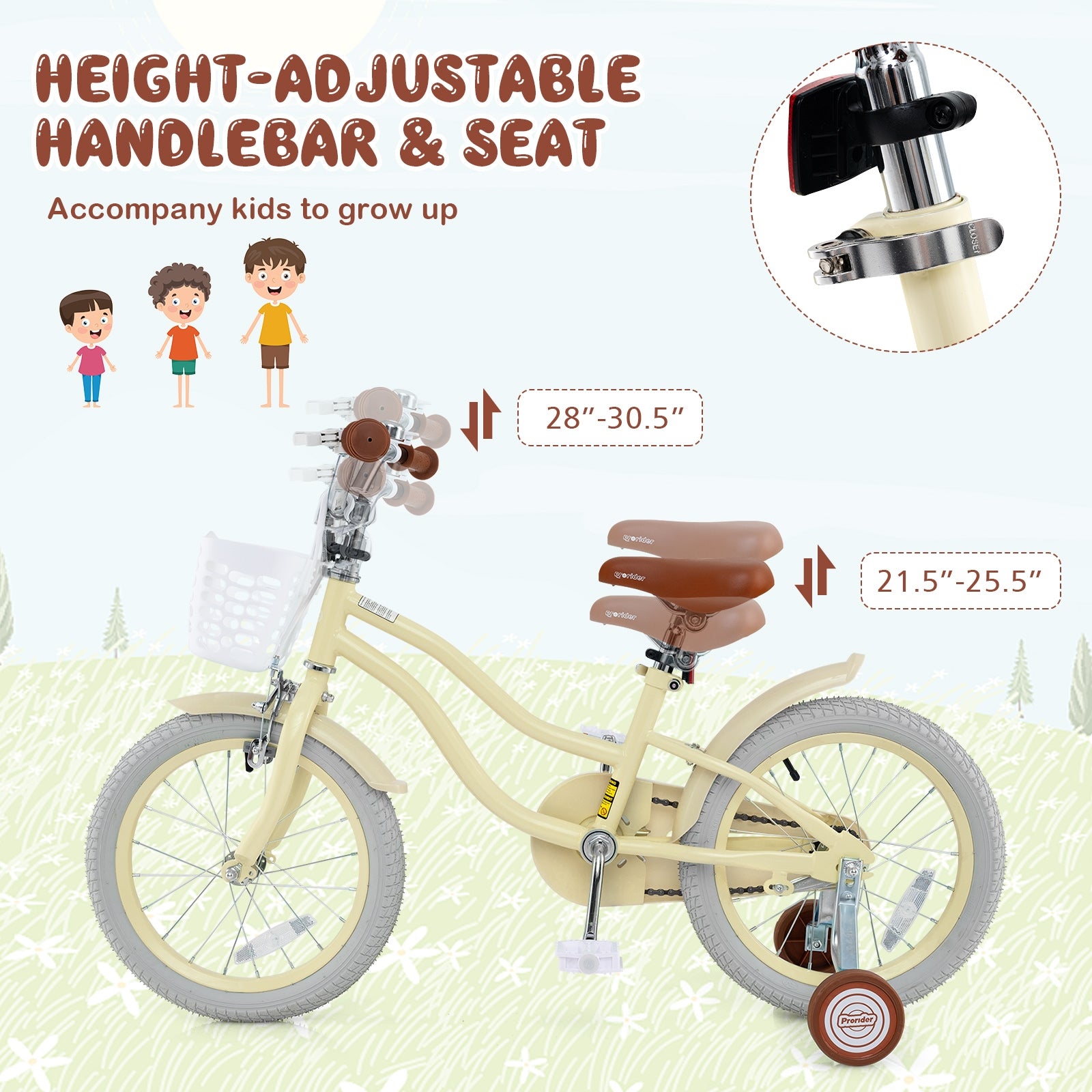 14/16/18 Inch Kids Bike Adjustable with Training Wheels Ages 3-8 Years Olds-16 inches, Beige Kids Bike   at Gallery Canada