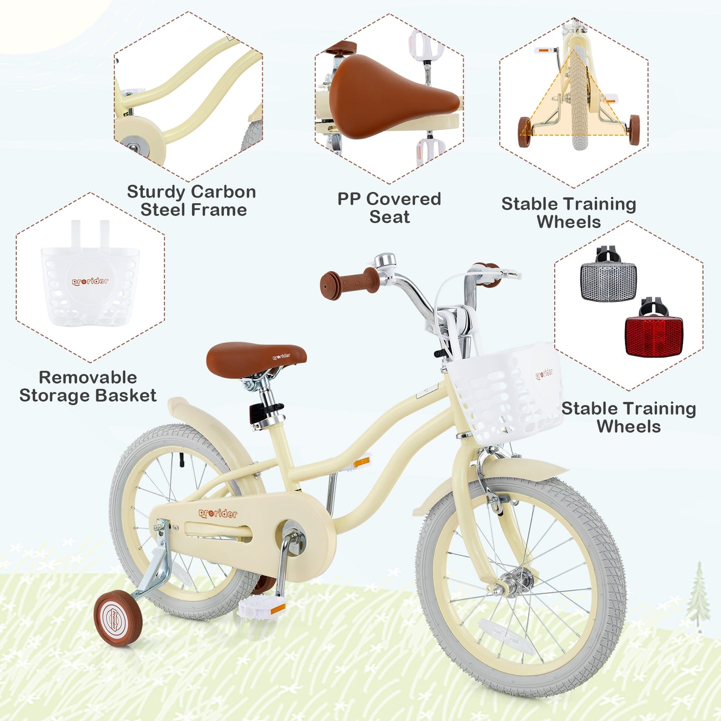 14/16/18 Inch Kids Bike Adjustable with Training Wheels Ages 3-8 Years Olds-16 inches, Beige Kids Bike   at Gallery Canada