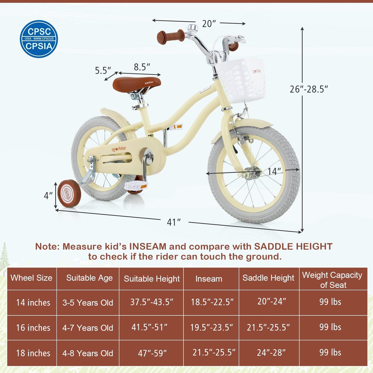 14 Inch Kids Bike Adjustable with Training Wheels Ages 3-8 Years Olds-14 inches, Beige Kids Bike   at Gallery Canada