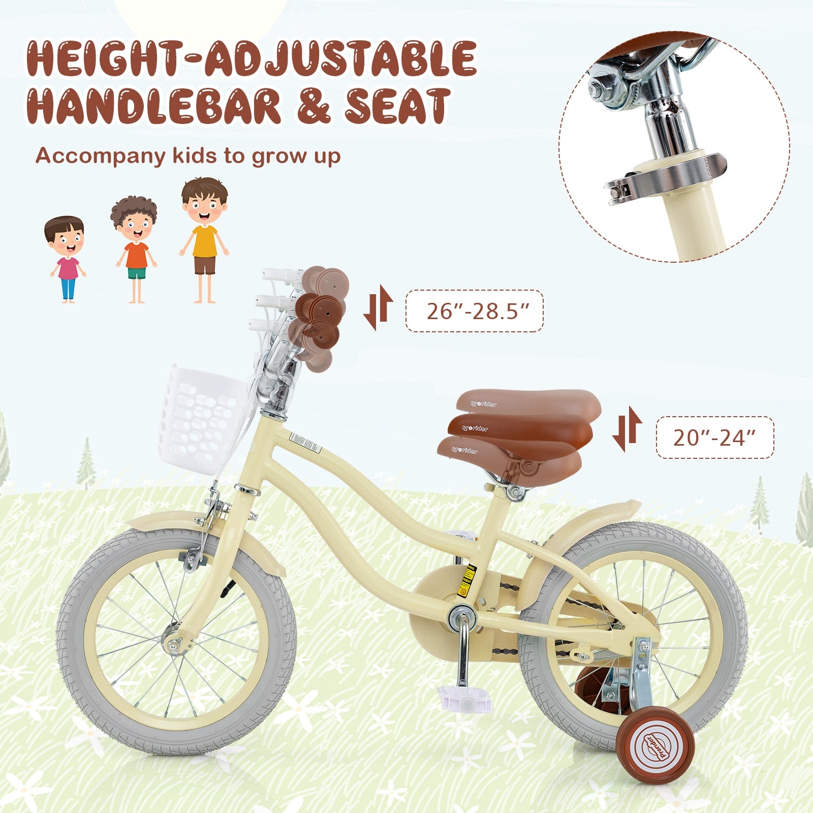 14 Inch Kids Bike Adjustable with Training Wheels Ages 3-8 Years Olds-14 inches, Beige Kids Bike   at Gallery Canada