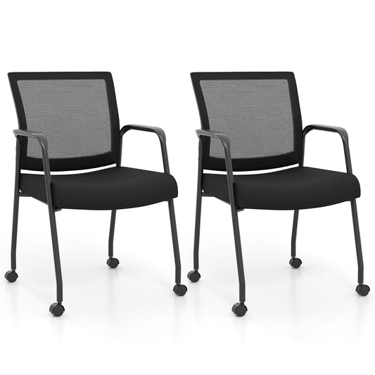 2 Pieces Office Guest Chairs on Wheels with Metal Frame and Armrests, Black Conference Chairs Black  at Gallery Canada