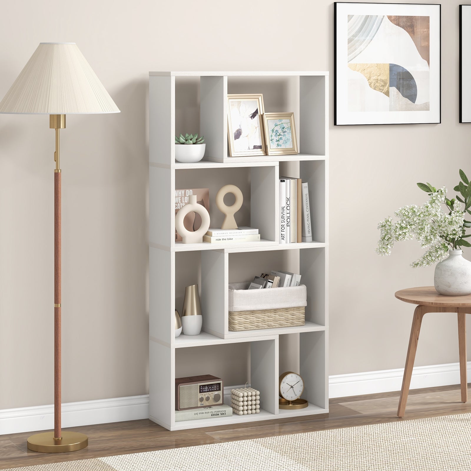 48 Inch 4-Tier Geometric Bookshelf with 8 Cubes for Living Room Bedroom, White Bookcases   at Gallery Canada